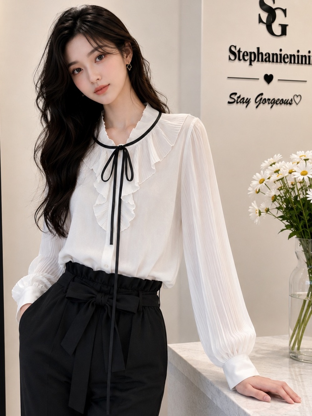 White Ruffle Tie-Neck Pleated Sleeve Blouse